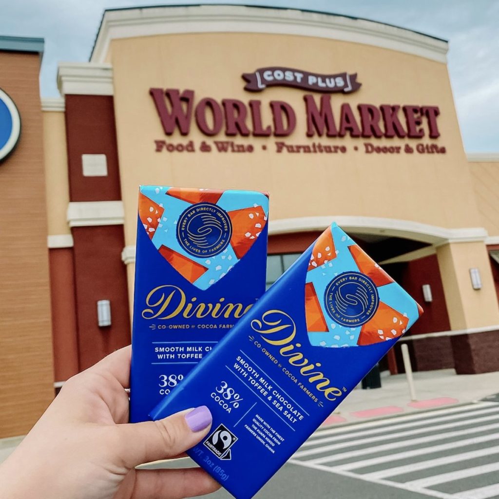 Divine Chocolate Bars in front of a World Market store